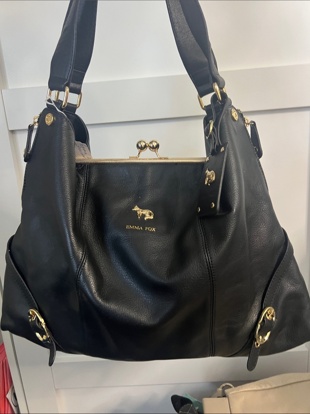 Emma Fox Black Pebbled Leather Kiss Lock Large Hobo Shoulder Bag Gold Hardware